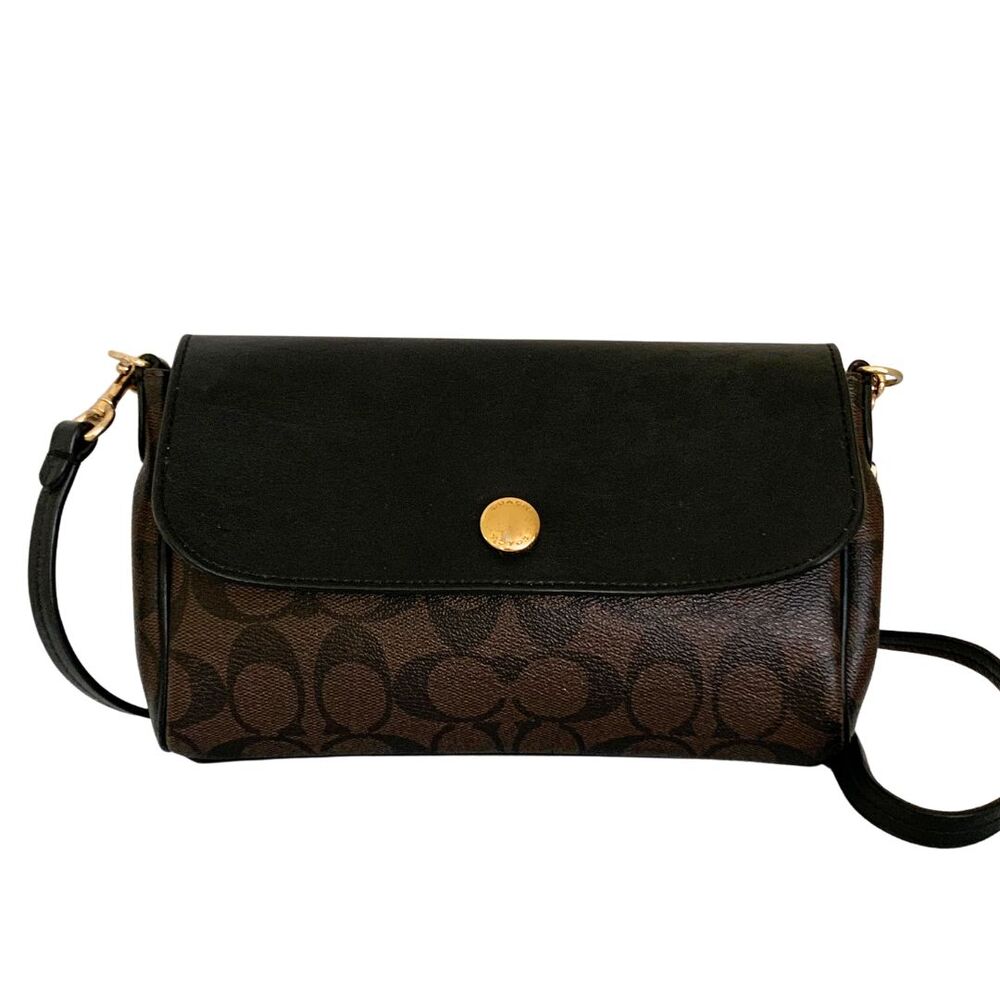 Coach Coach Signature 2-Way Crossbody Bag Black White Gold Tone Mini Purse